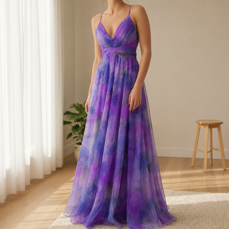 Skiathos Floral Chiffon Maxi Dress in Purple
