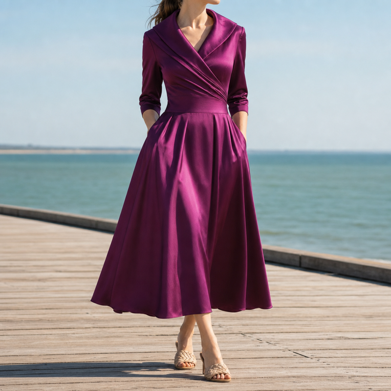 Avila Satin Wrap Midi Dress in Purple