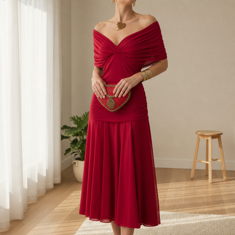 Sibenik Floral Off-Shoulder Midi Dress in Red