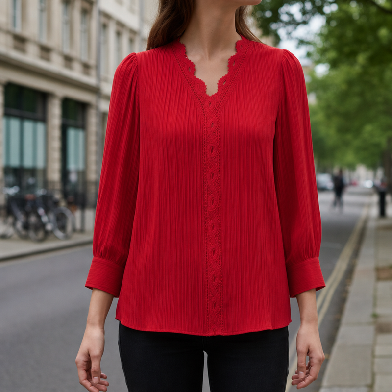 Caceres Lace Trim V-Neck Blouse in Red
