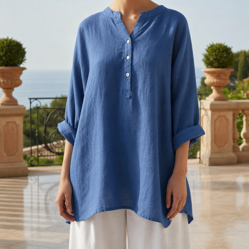 Santander Linen Button-Up Tunic in Royal Blue