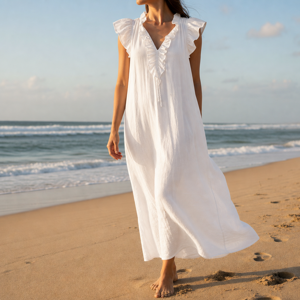 Folegandros Ruffle V-Neck Maxi Dress in White