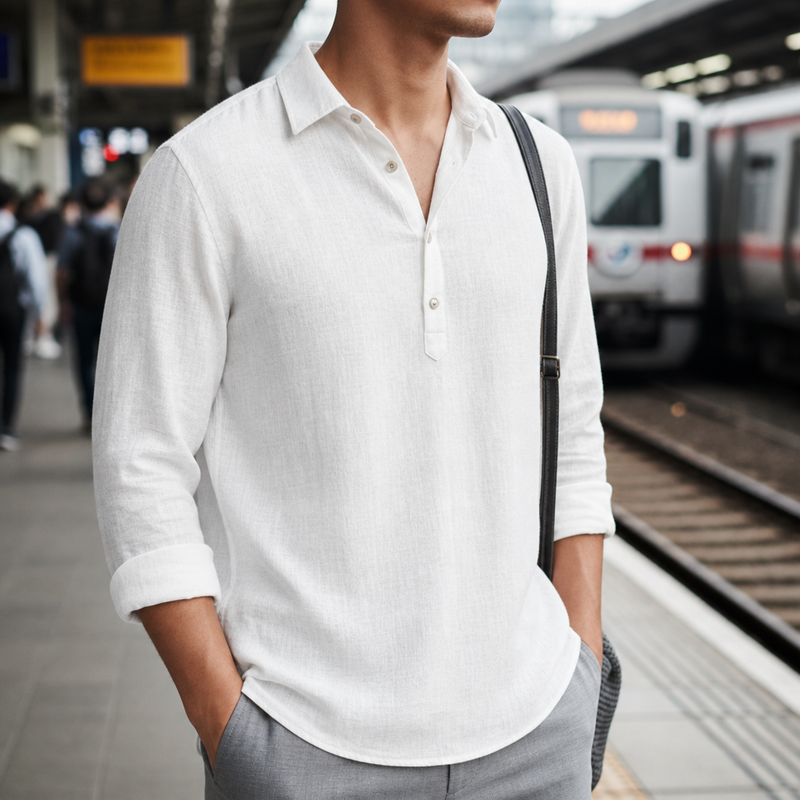 Gaeta Linen Henley Polo Shirt in White