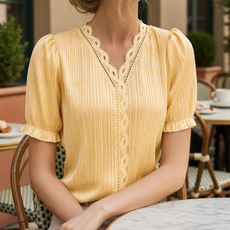 Nimes Lace Trim V-Neck Blouse in Yellow
