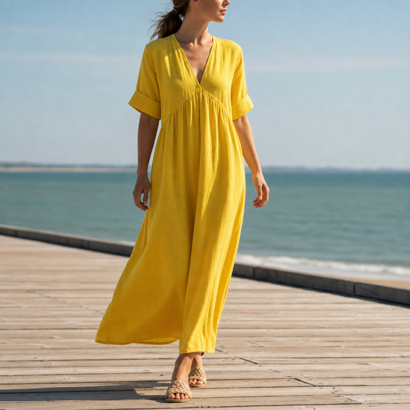 Biot Linen V-Neck Maxi Dress in Yellow