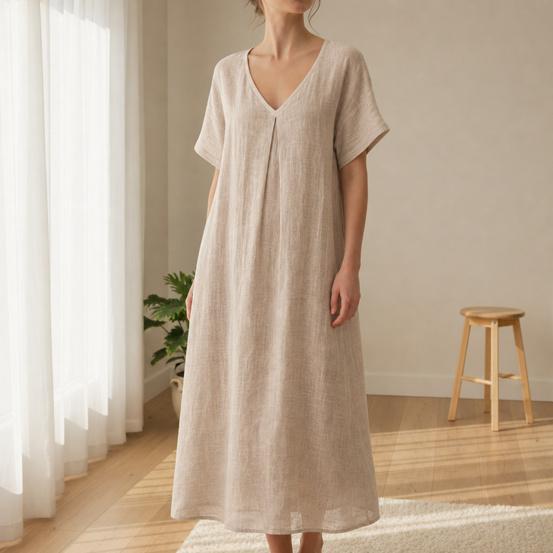 Monreale Relaxed Linen Midi Dress in Beige