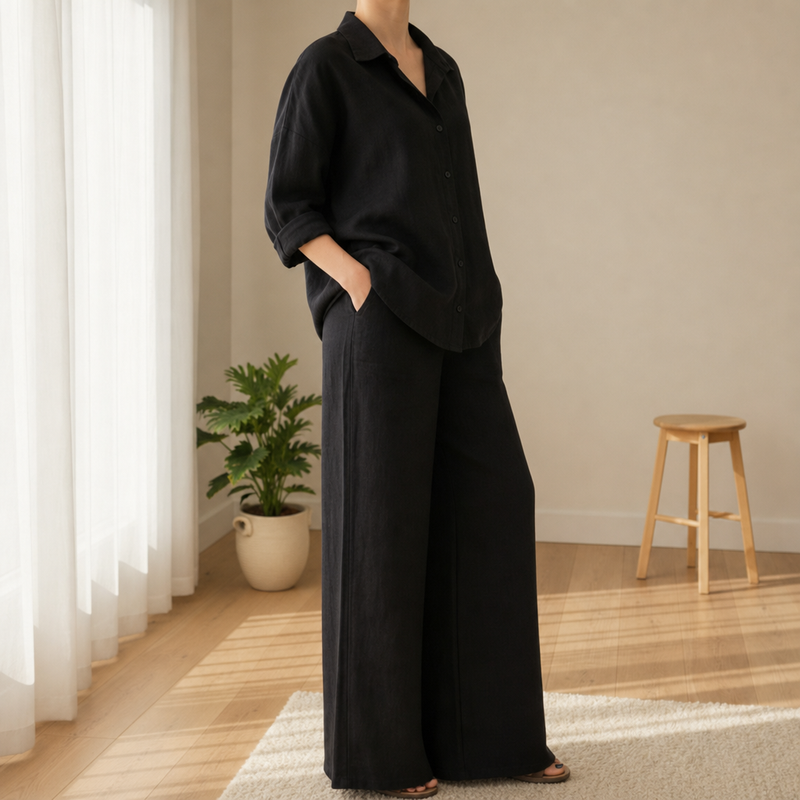 Nazare Linen Two-Piece Set in Black