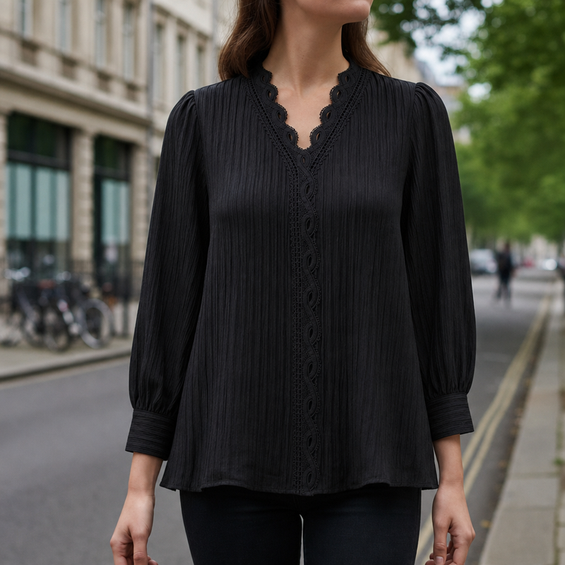 Caceres Lace Trim V-Neck Blouse in Black