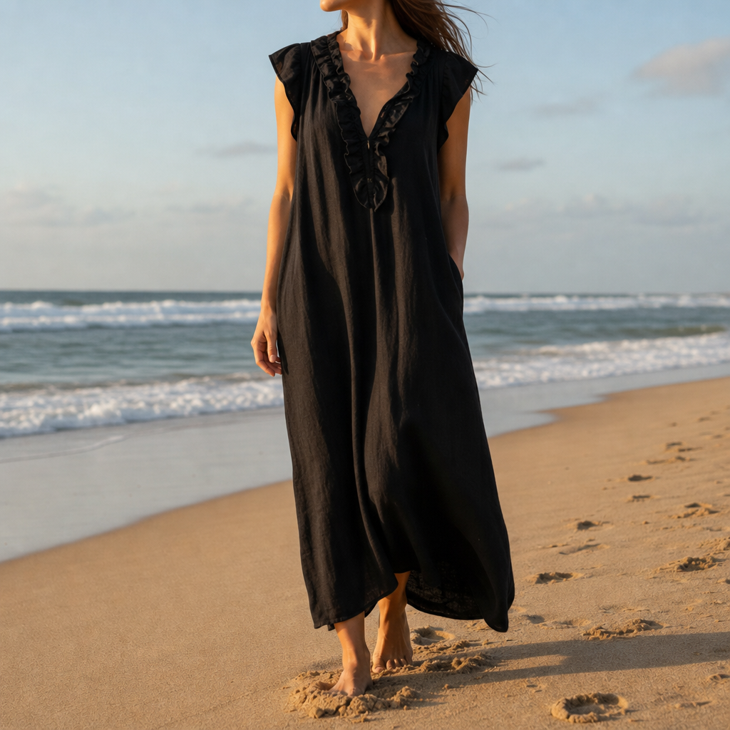 Folegandros Ruffle V-Neck Maxi Dress in Black