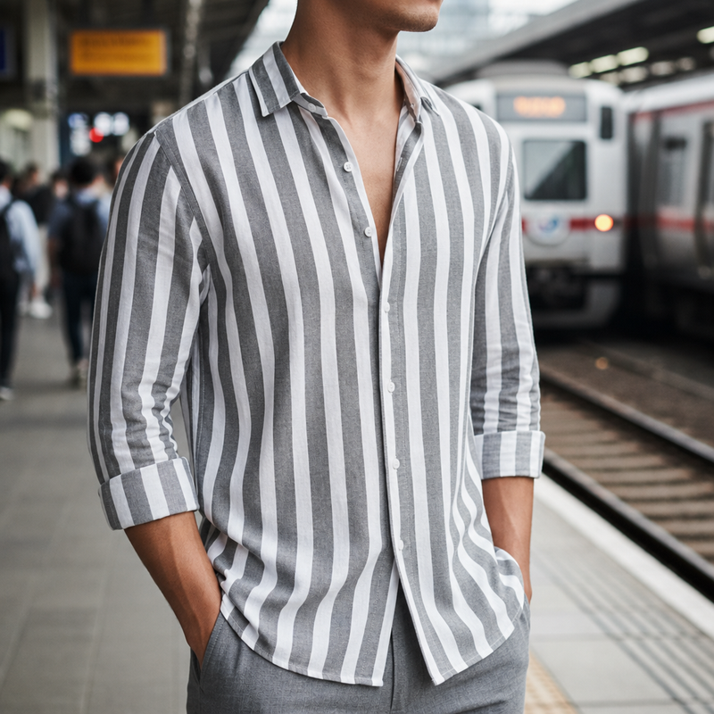 Kakopetria Striped Linen Shirt in Dark Gray