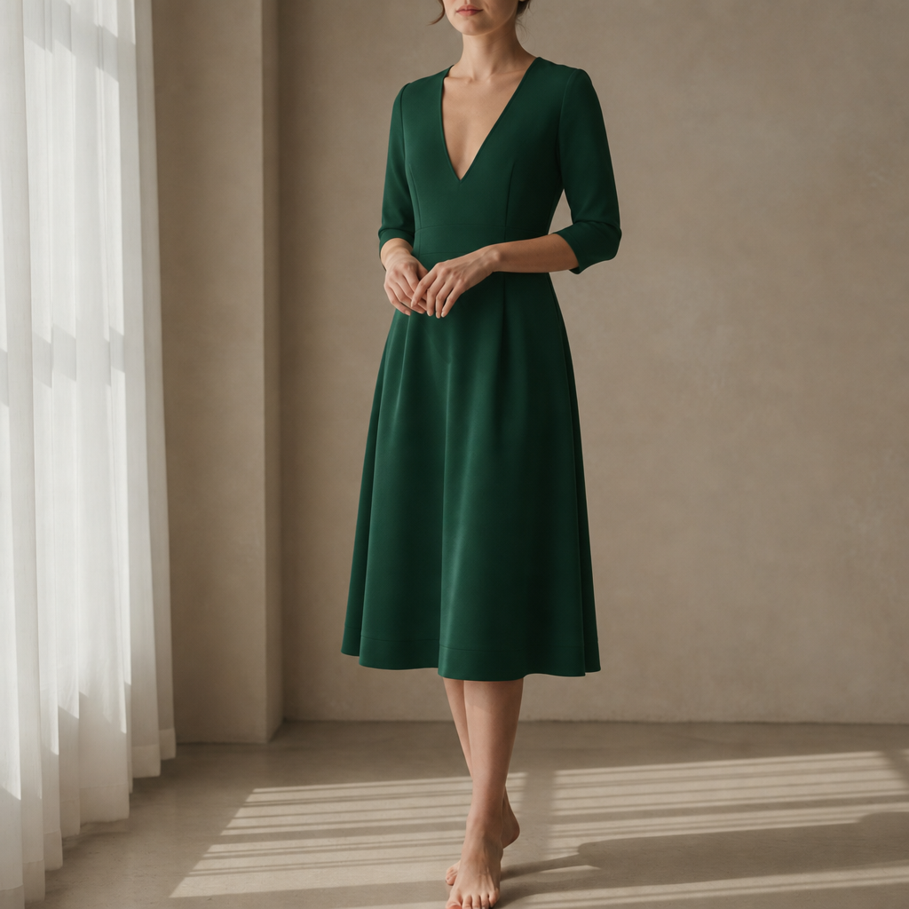 Eze Deep V-Neck Midi Dress in Green