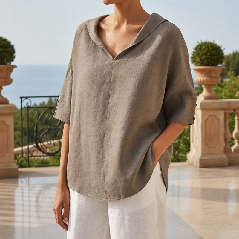 Malaga Linen V-Neck Blouse in Khaki