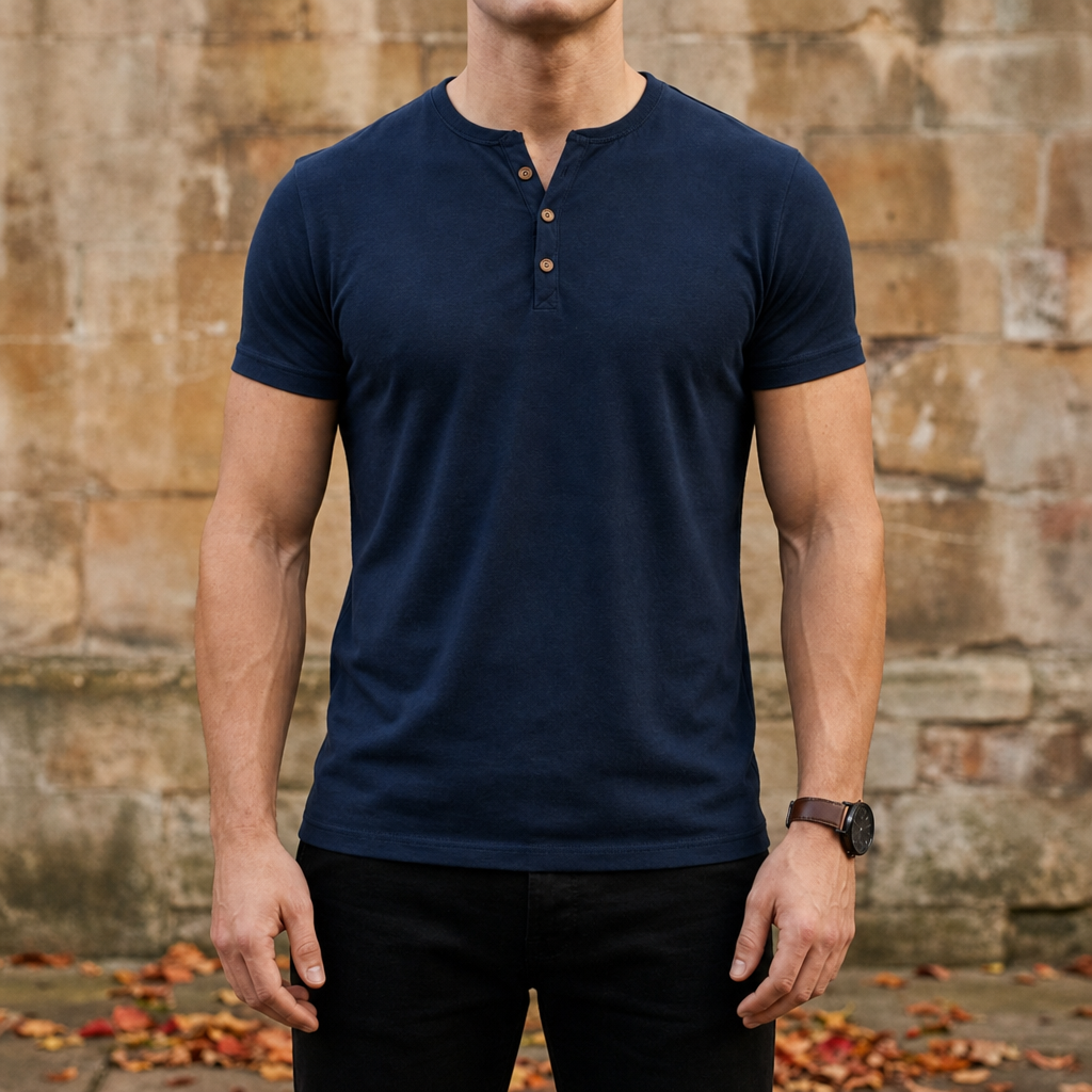 Merida Muscle Fit Henley Tee in Navy