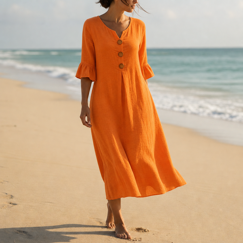 Narbonne Button Front Midi Dress in Orange