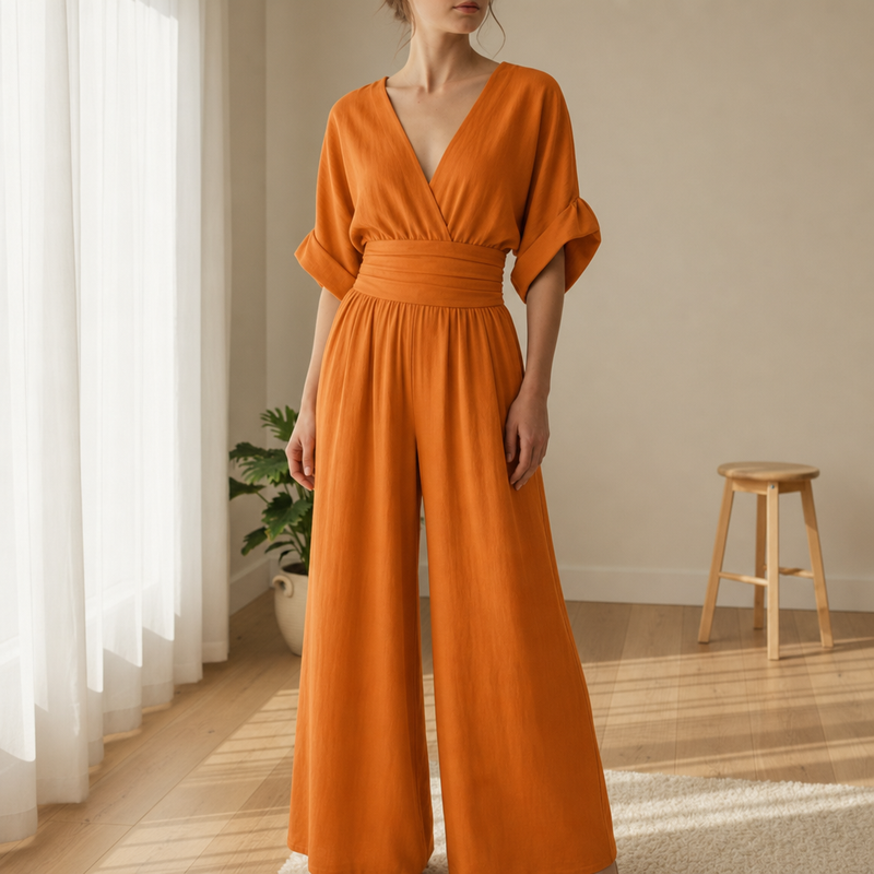 Serifos V-Neck Wide-Leg Jumpsuit in Orange