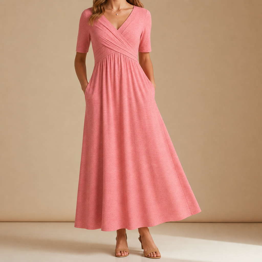 Chios Crossover Bodice Midi Dress in Pink