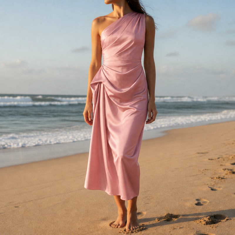 Almeria Ruched Satin Midi Dress in Pink