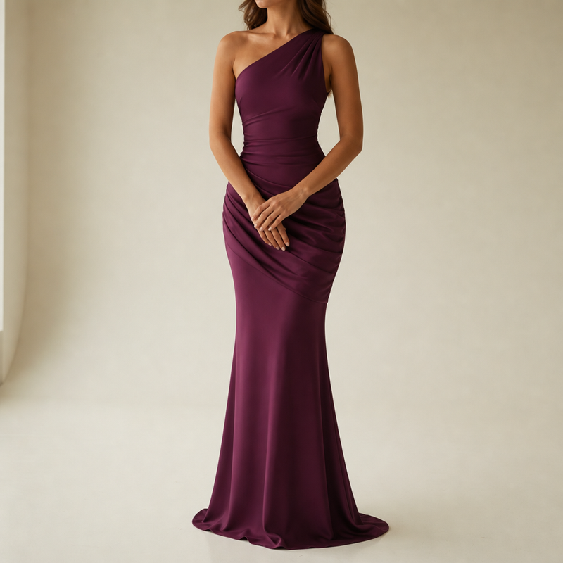 Baeza One Shoulder Satin Gown in Purple