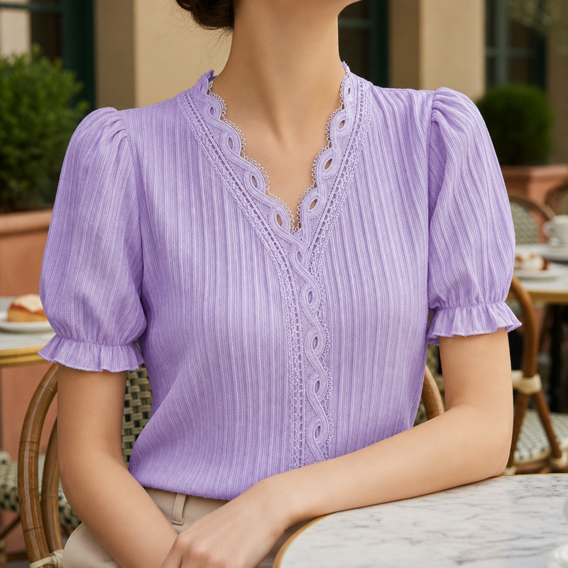 Nimes Lace Trim V-Neck Blouse in Purple