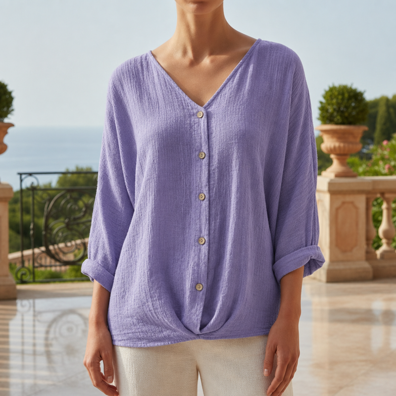 Otranto Linen Button-Up Blouse in Purple
