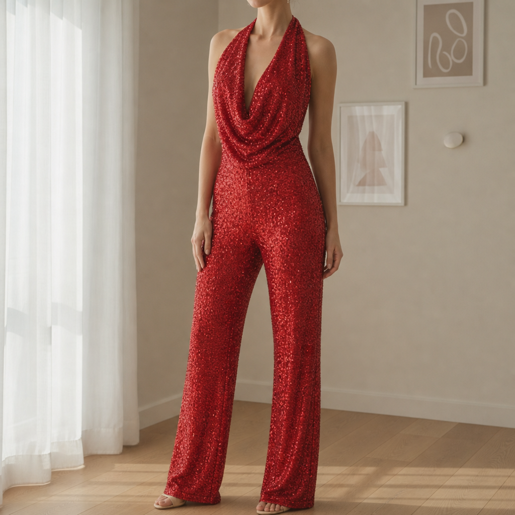 Lacoste Sequin Halter Jumpsuit in Red