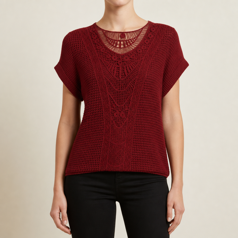 Montepulciano Crochet Lace Knit Blouse in Red