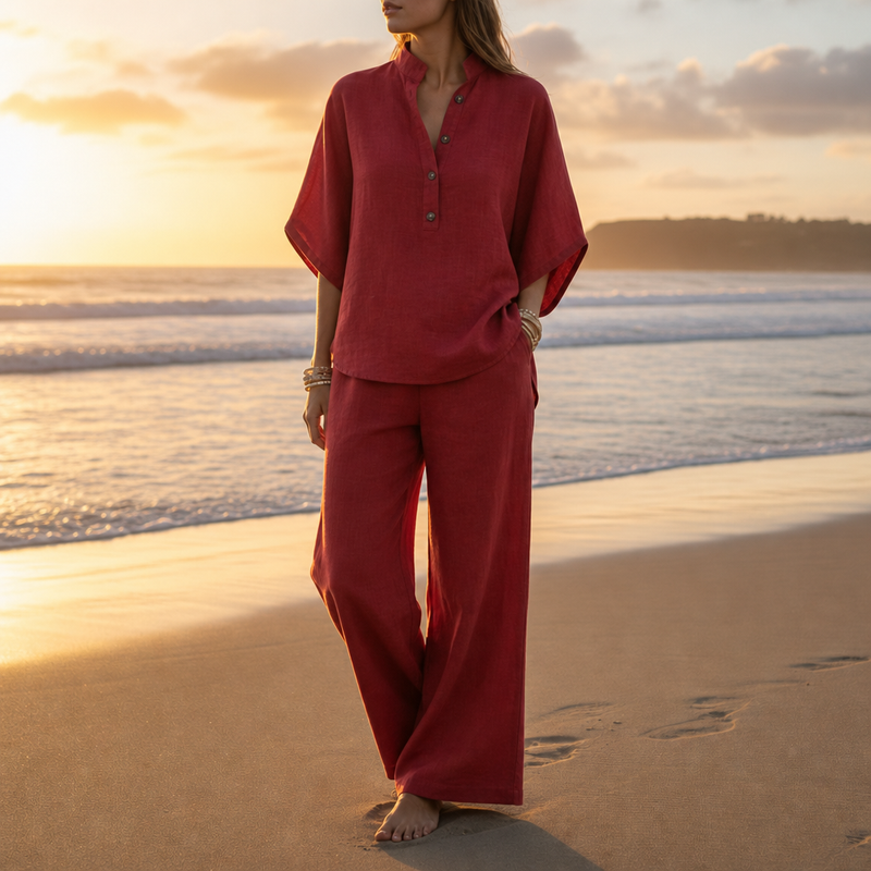 Mojacar Linen Kimono Sleeve Set in Red