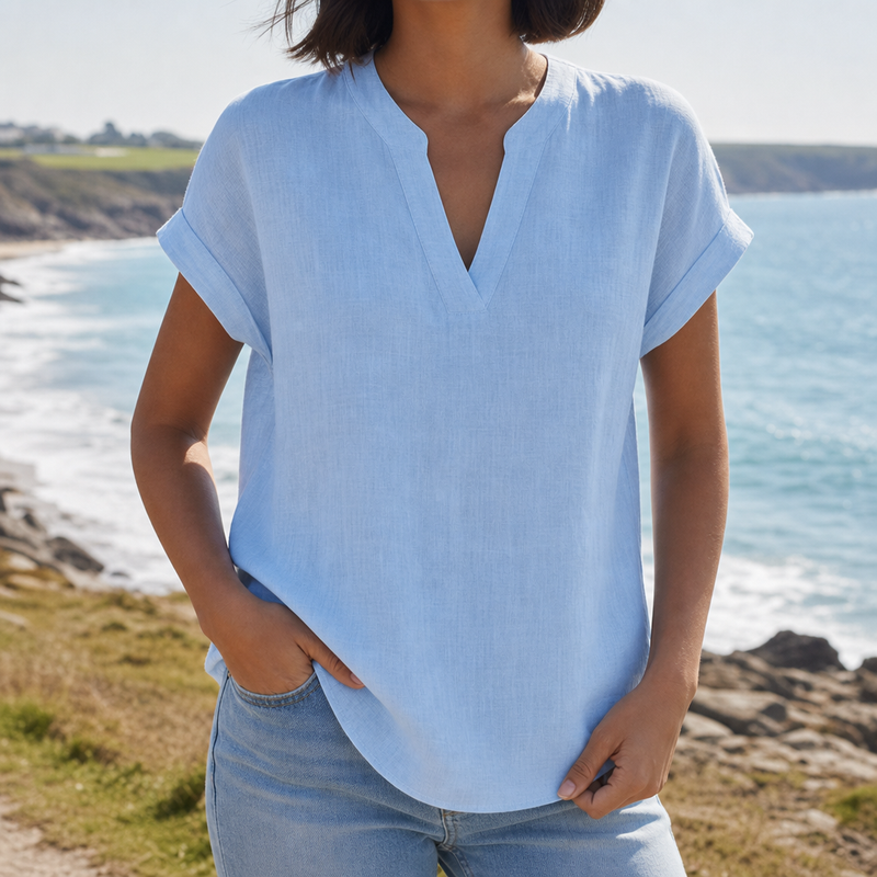 Sagres Notched V-Neck Blouse in Sky Blue