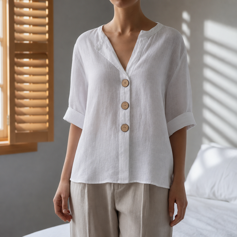 Spetses Linen Button-Up Blouse in White