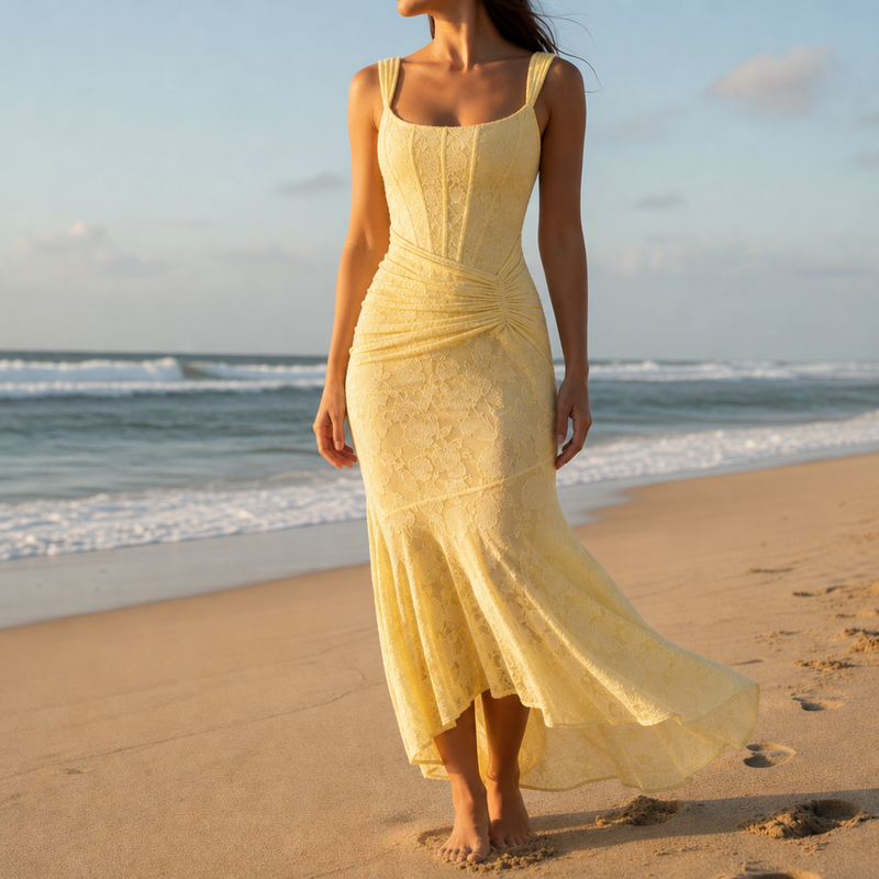 Sperlonga Lace High-Low Mermaid Dress in Yellow