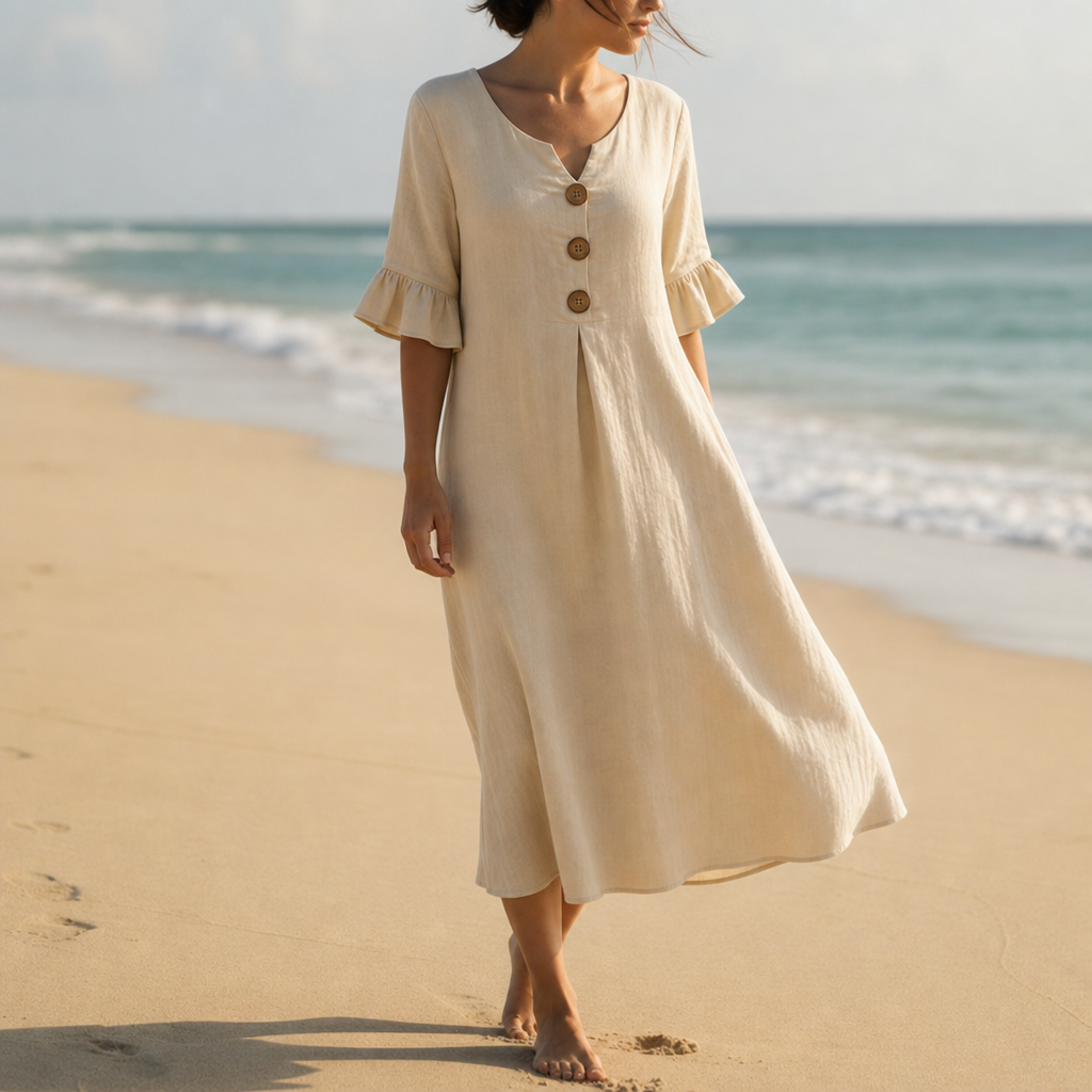 Narbonne Button Front Midi Dress in Beige