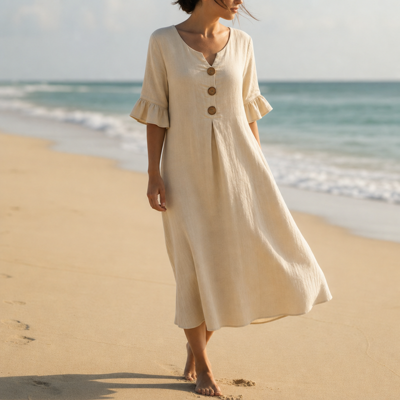 Narbonne Button Front Midi Dress in Beige