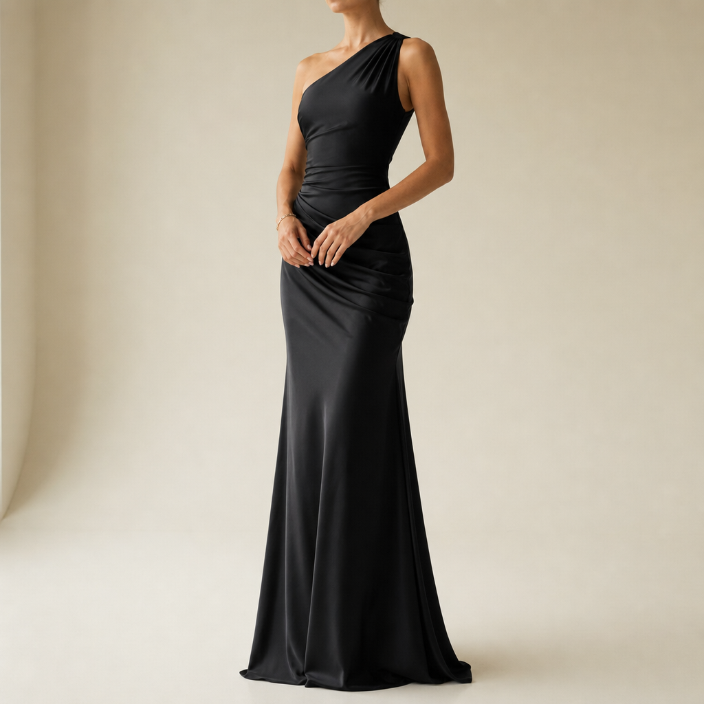 Baeza One Shoulder Satin Gown in Black