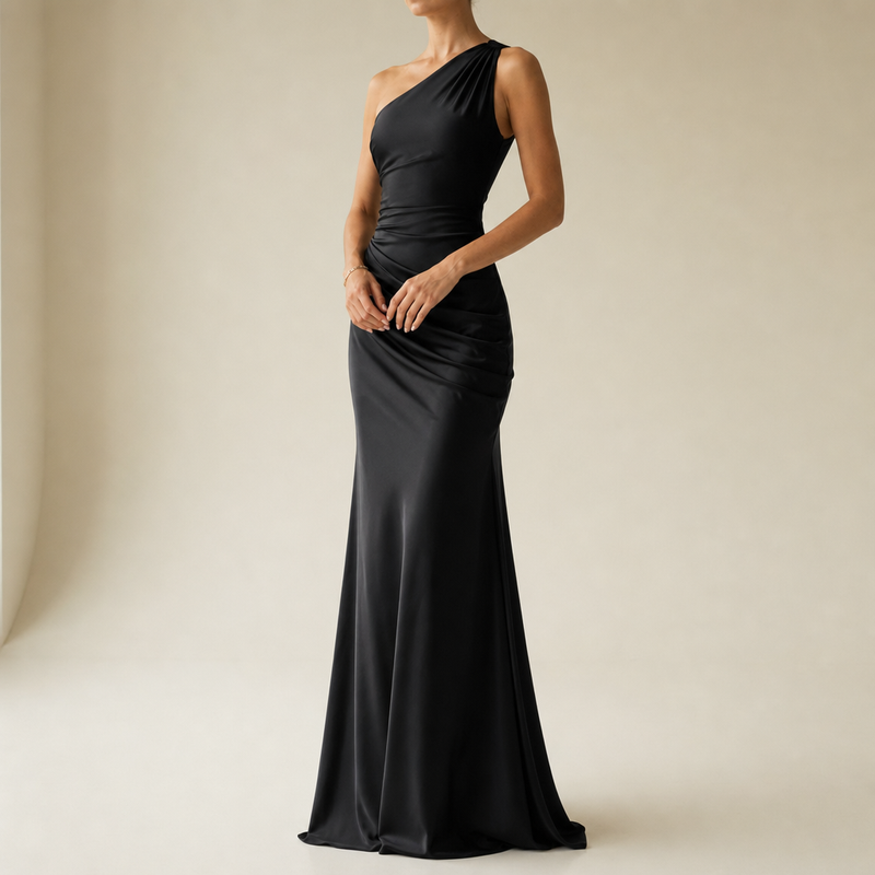 Baeza One Shoulder Satin Gown in Black