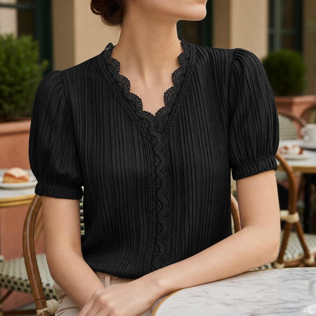 Nimes Lace Trim V-Neck Blouse in Black