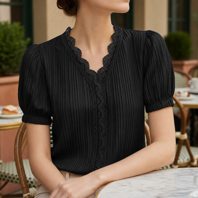 Nimes Lace Trim V-Neck Blouse in Black