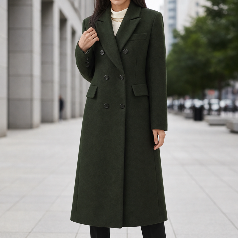 Treviso Double Breasted Wool Overcoat in Dark Green