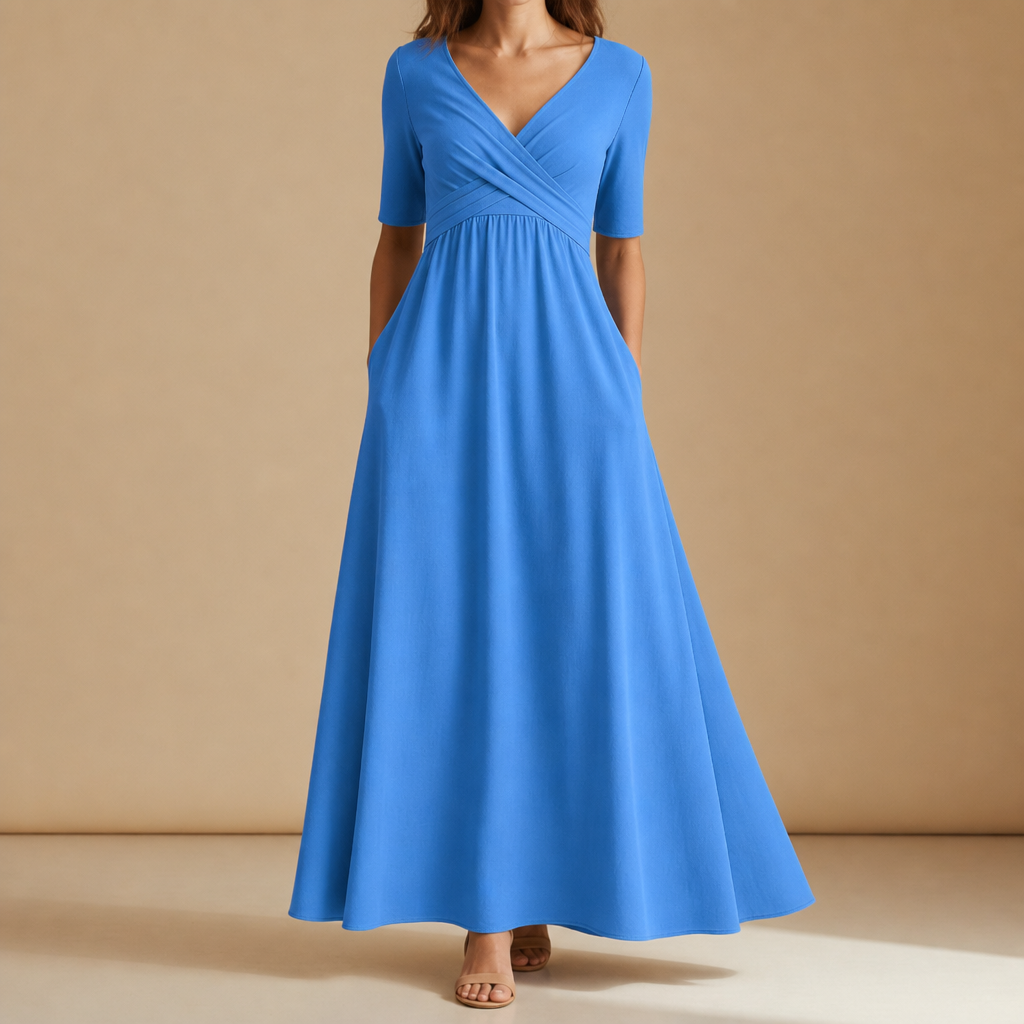 Chios Crossover Bodice Midi Dress in Light Blue
