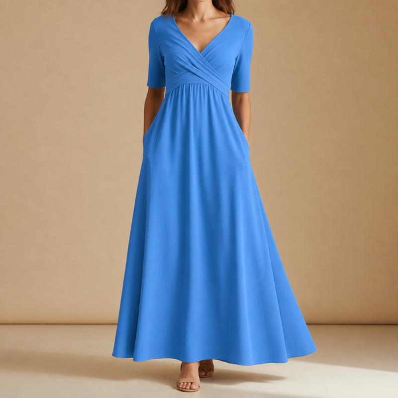 Chios Crossover Bodice Midi Dress in Light Blue