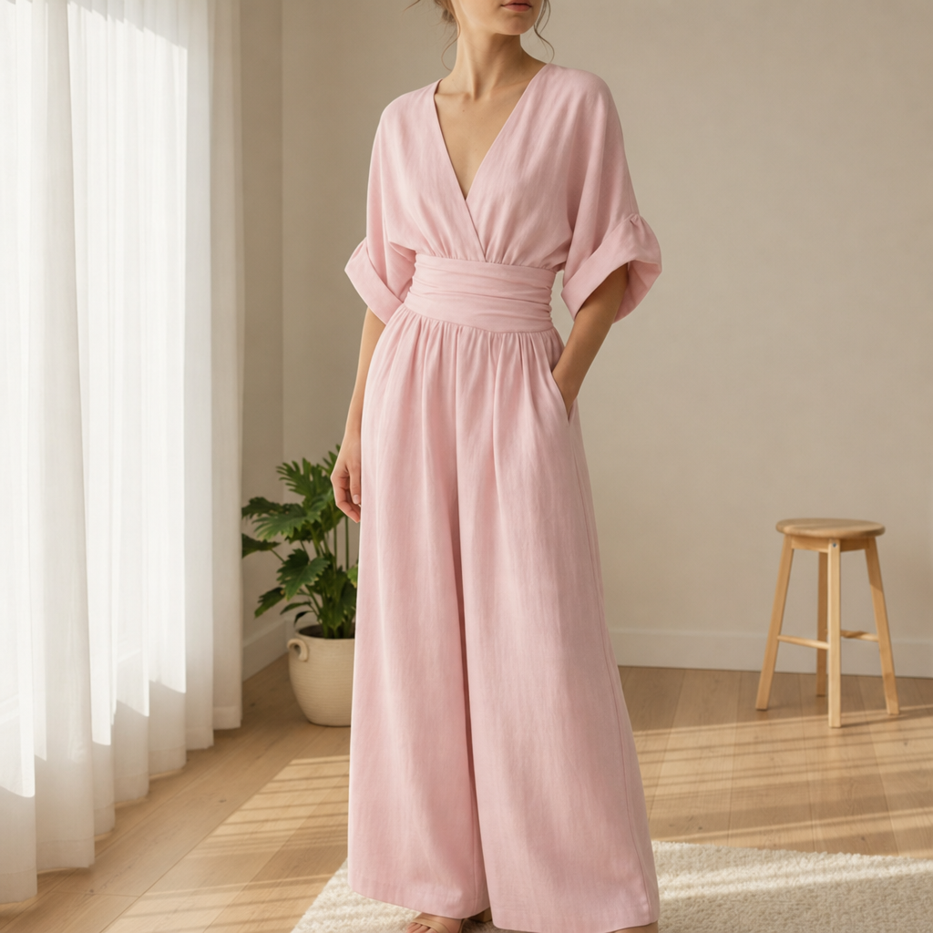 Serifos V-Neck Wide-Leg Jumpsuit in Light Pink