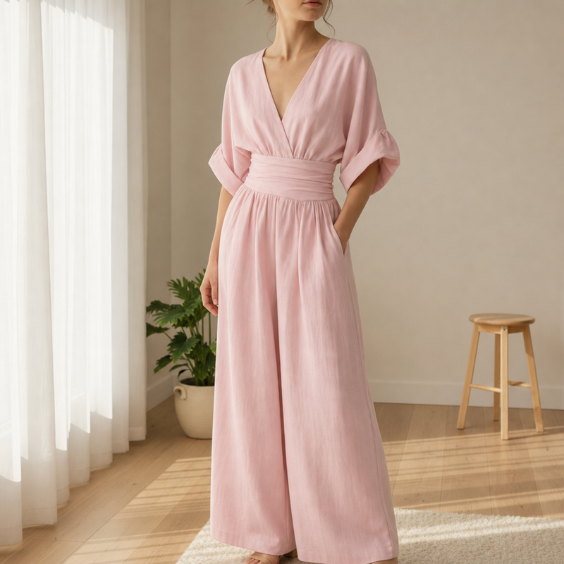 Serifos V-Neck Wide-Leg Jumpsuit in Light Pink
