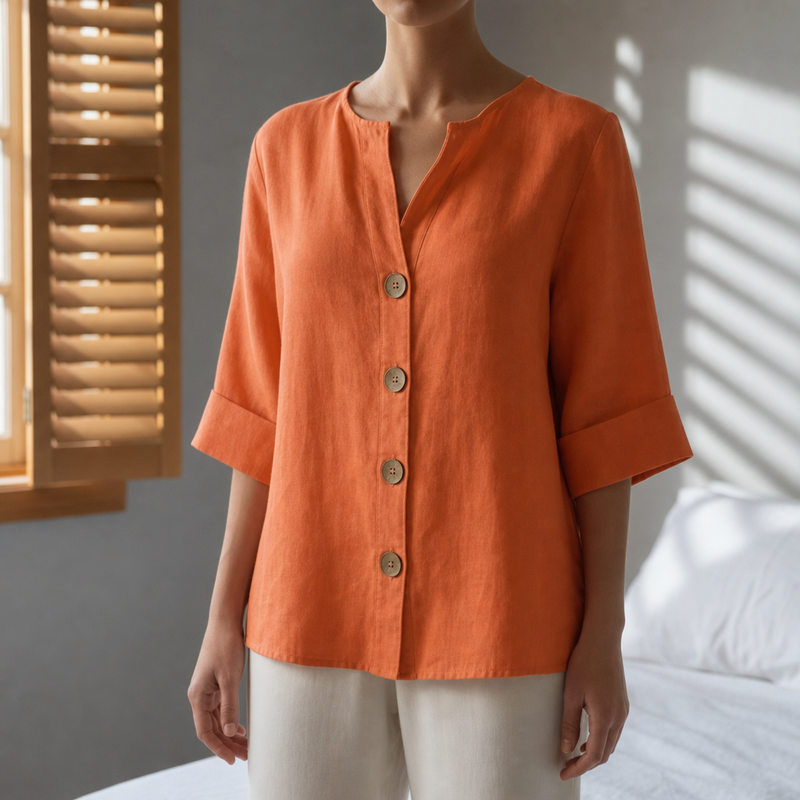Spetses Linen Button-Up Blouse in Orange