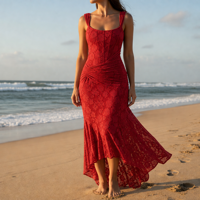 Sperlonga Lace High-Low Mermaid Dress in Red