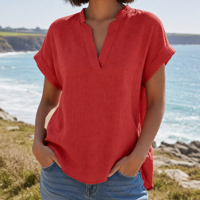 Sagres Notched V-Neck Blouse in Red
