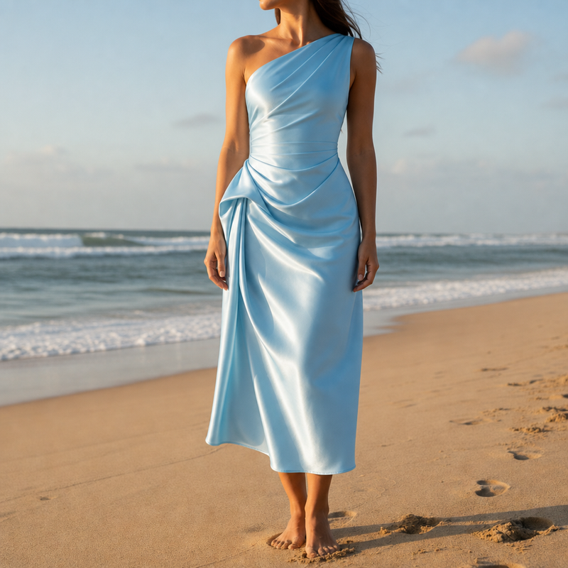 Almeria Ruched Satin Midi Dress in Sky Blue