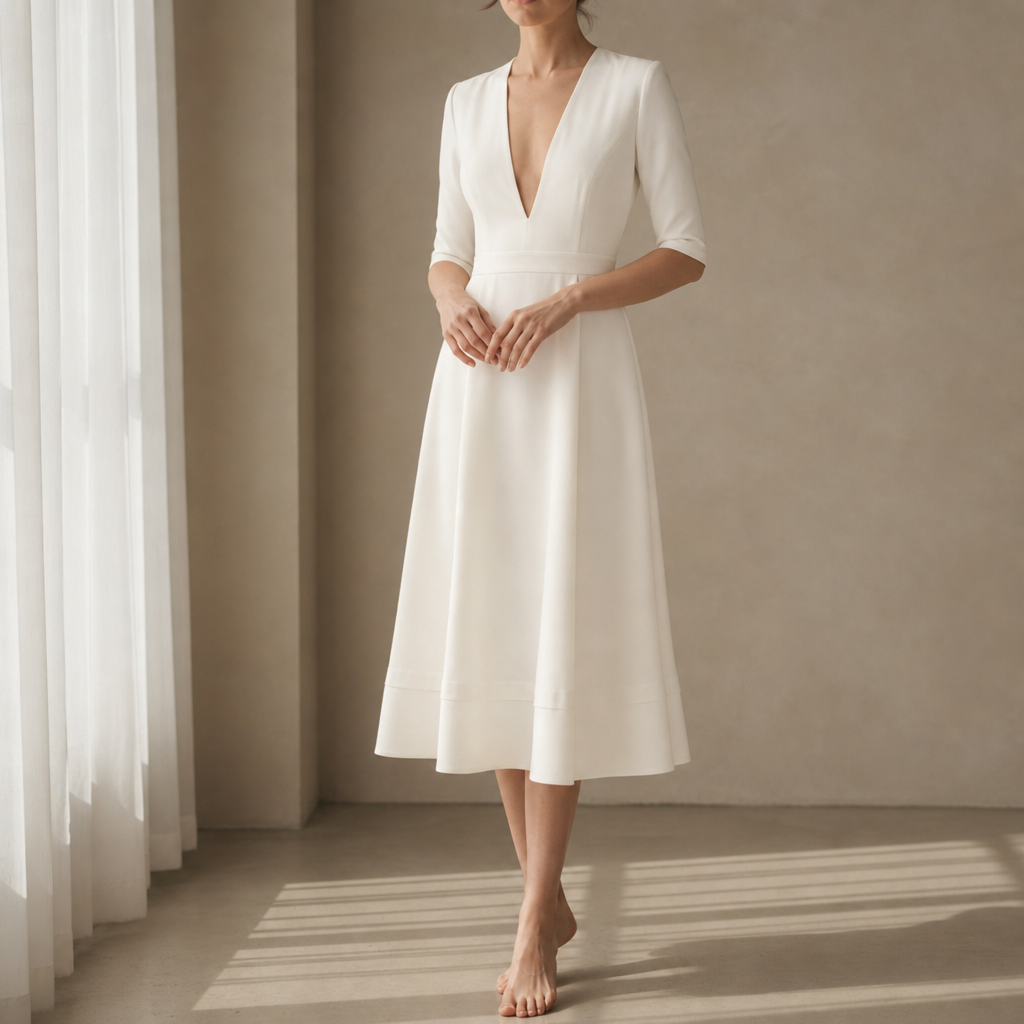 Eze Deep V-Neck Midi Dress in White