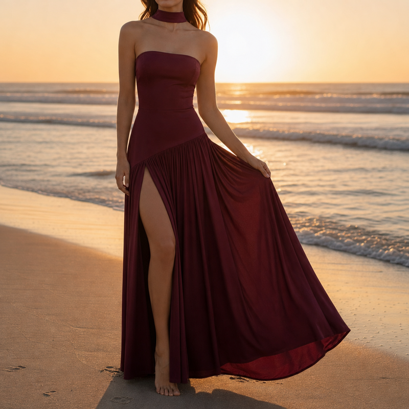 Ravello Strapless Slit Maxi Dress in Wine Red