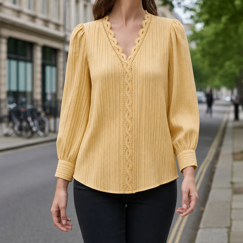 Caceres Lace Trim V-Neck Blouse in Yellow