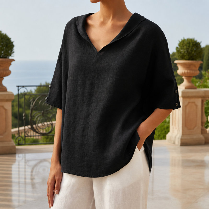 Malaga Linen V-Neck Blouse in Black
