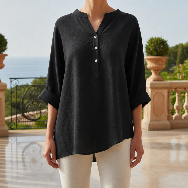 Santander Linen Button-Up Tunic in Black